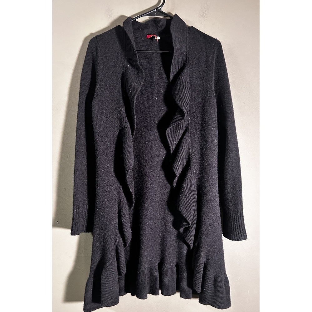 Saffron Womens Black Cashmere Open Front Cardigan Sweater Ruffles Size XS